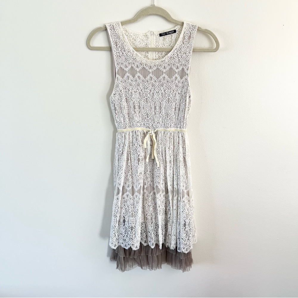 The Hanger Ivory Lace Mini Dress with Taupe Tulle Layer